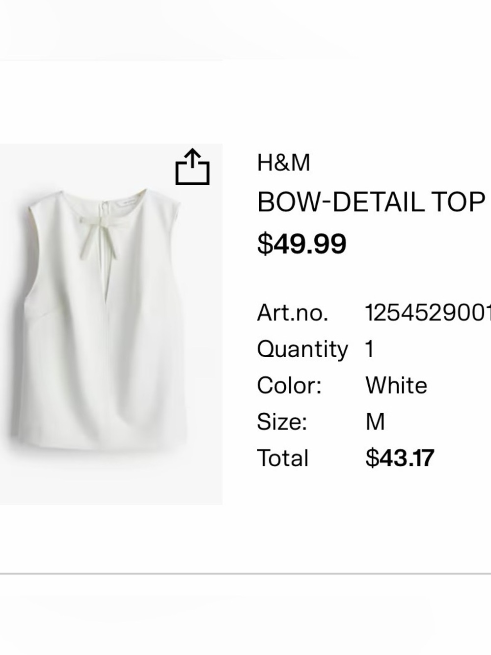 H&M White Bow-Accent Sleeveless Top